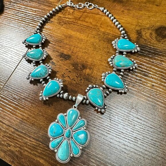 ISAC Trading Inc Jewelry - Squash Blossom Turquoise Necklace, Southwestern Cowgirl Necklace, Ships in Gift